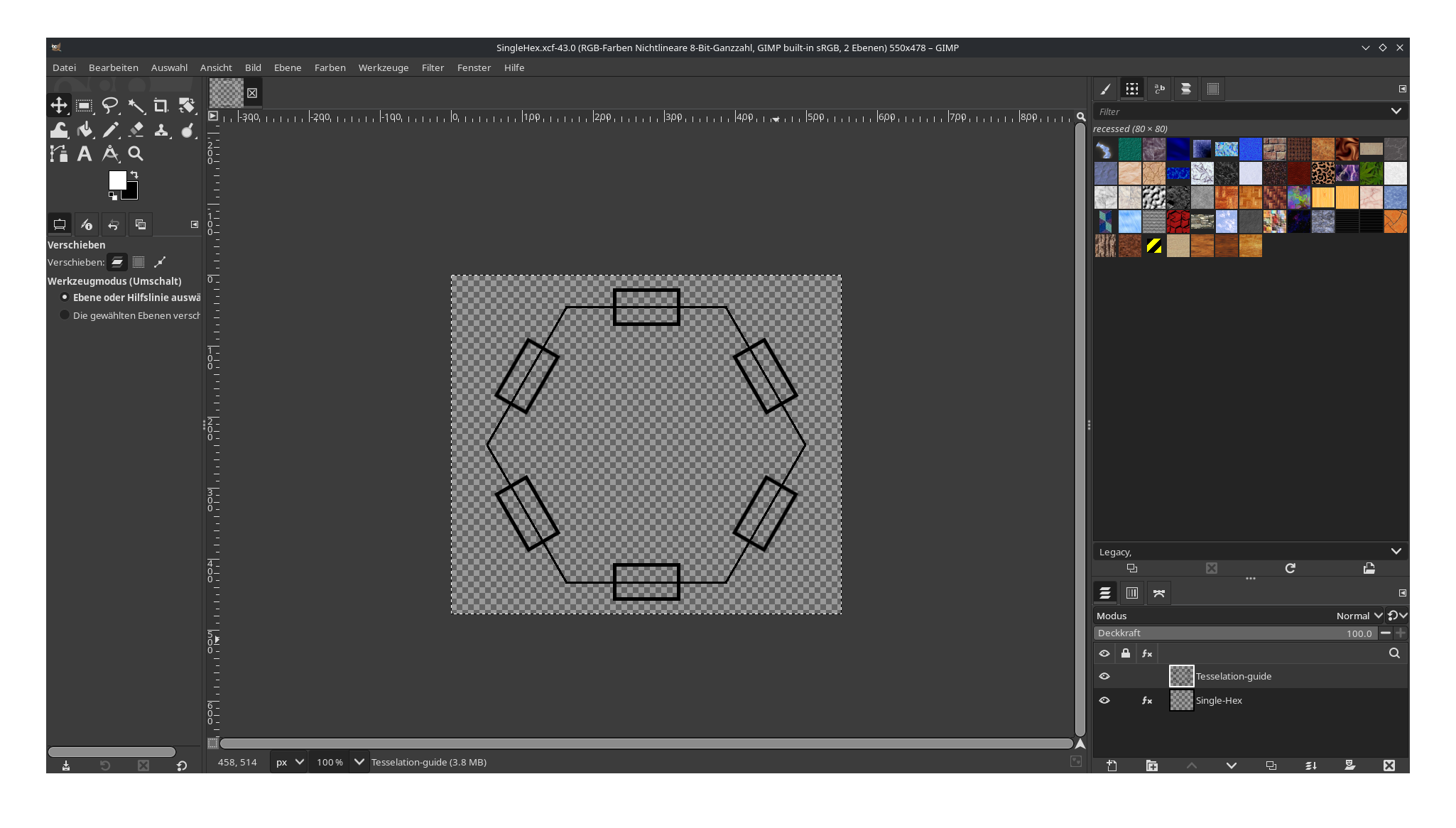 A screenshot of the GIMP showing the SingleHex.xcf file