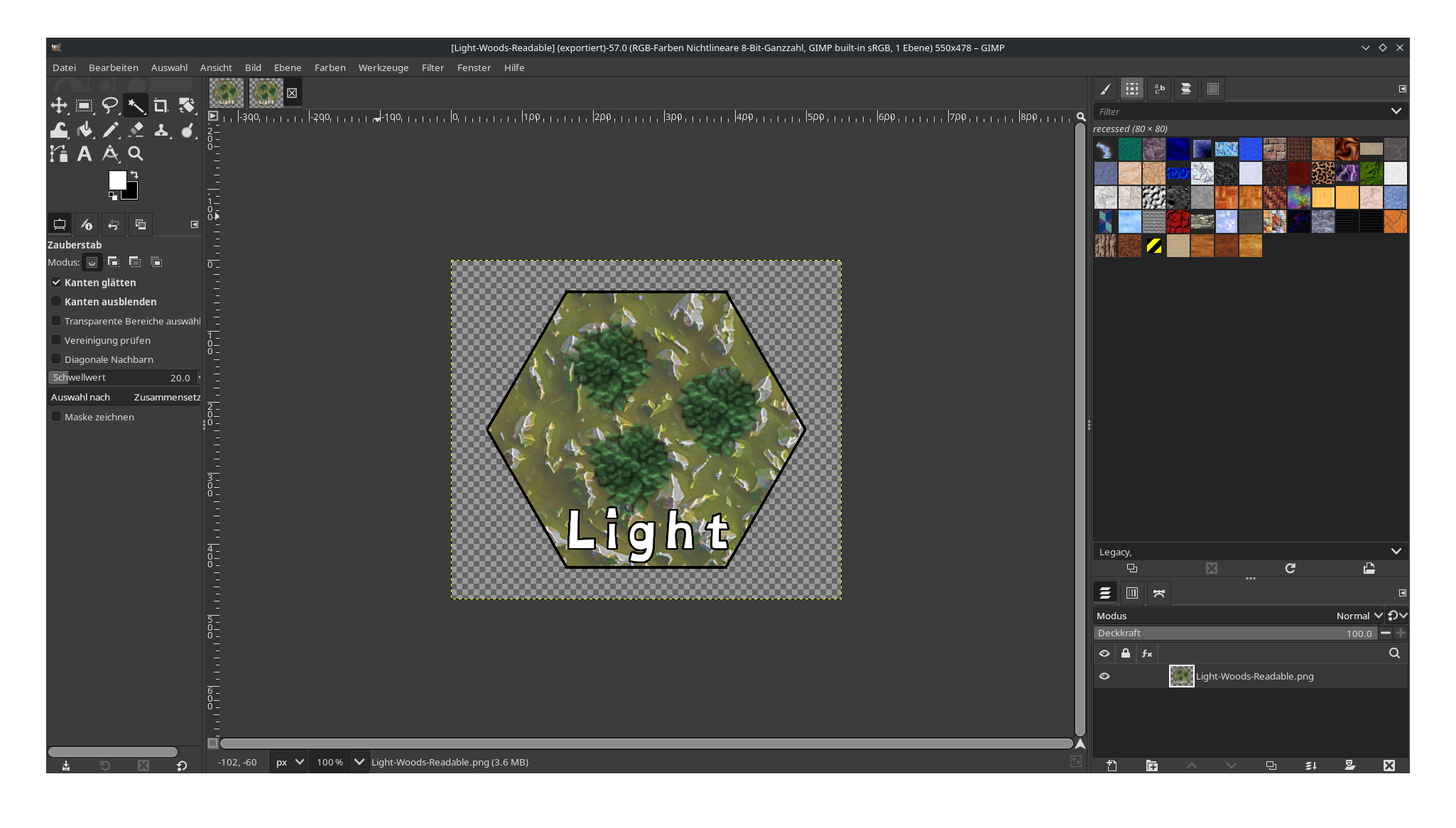 A screenshot of the GIMP showing the import of the Light-Woods-Readable.png file