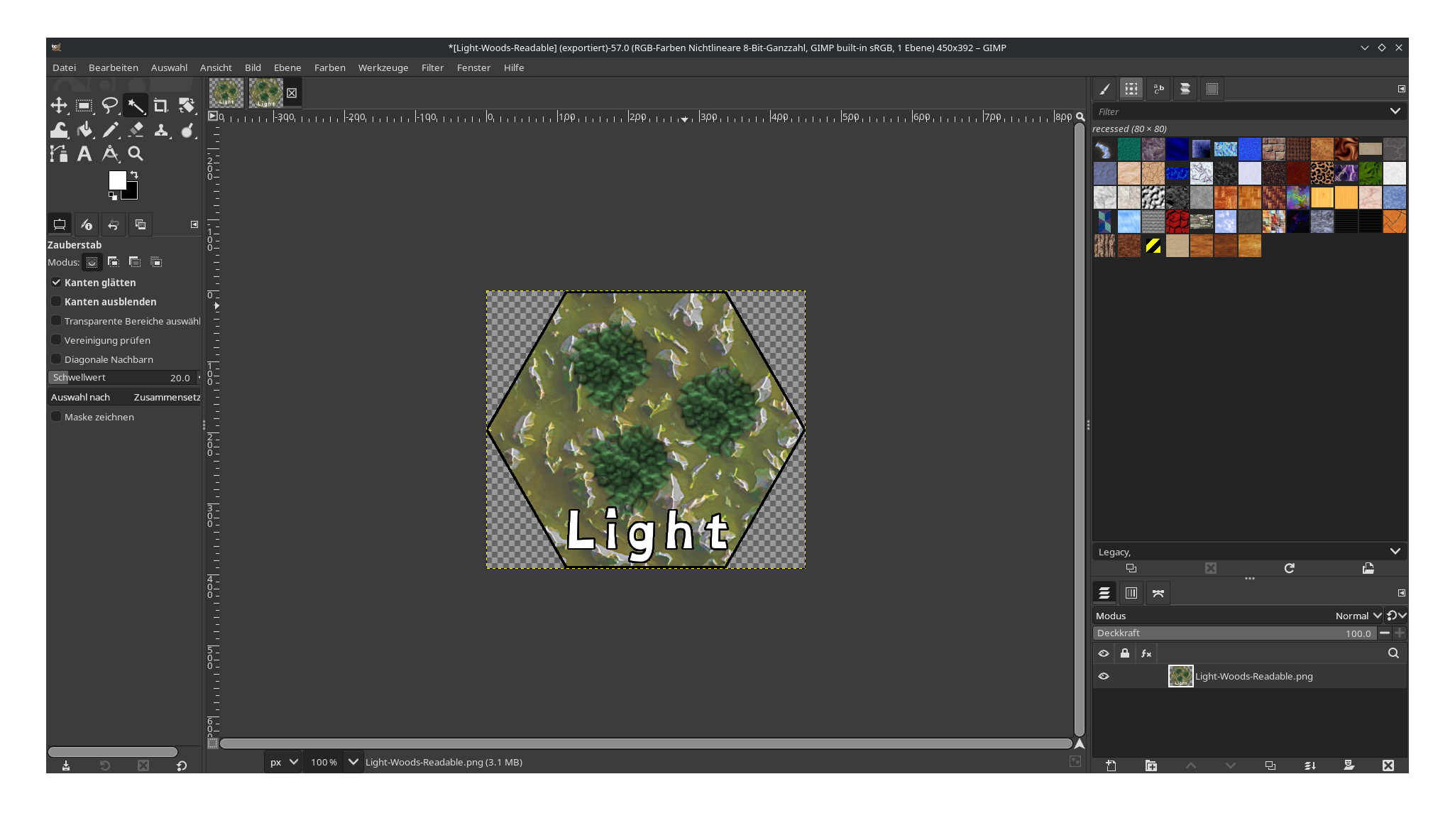 A screenshot of the GIMP showing the import of the Light-Woods-Readable.png file cropped